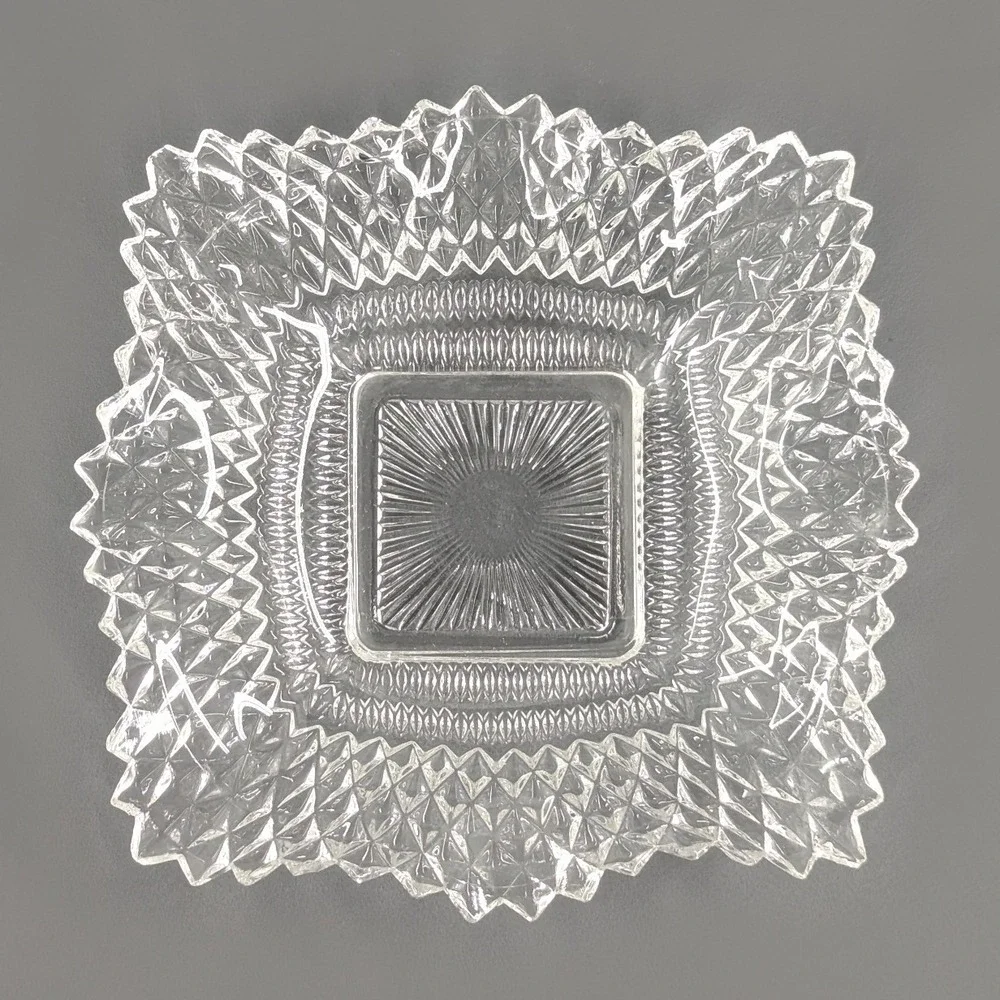Vintage Clear Pressed Glass Square Candy Dish Sawtooth Rim Diamond Point 7in